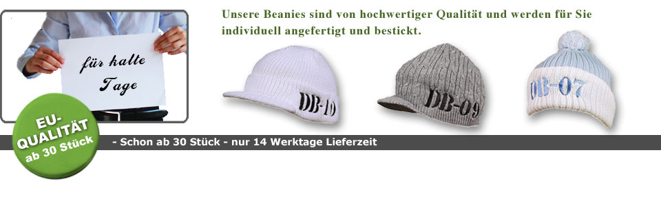 Unsere Beanie sind von hochwertiger Qualität und werden für Sie individuell angefertigt und bestickt. Schon ab 30 Stück.